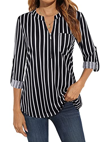 Amrto Bluse Damen Tunika Streifen T-Shirt 3/4 Ärmel Longshirt V-Ausschnitt Reißverschluss Tops Elegant Oberteile A-Linie Shirt Flowy Hemd Schwarz Gestreift,Large von Amrto