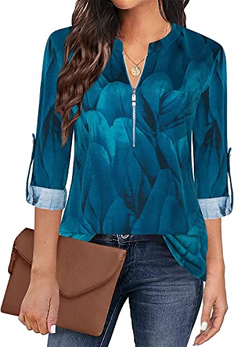 Amrto Bluse Damen Tunika T-Shirt 3/4 Ärmel Longshirt V-Ausschnitt Schicke Festliche Blusen Tops Oberteile A-Linie Blusenshirts Flowy Hemd Pfauenblau,Large von Amrto