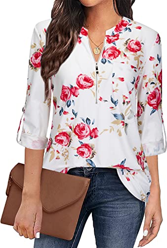 Amrto Bluse Damen Tunika T-Shirt Blumenmuster 3/4 Ärmel Longbluse V-Ausschnitt Schicke Festliche Blusen Sommer Tops Elegant Oberteile A-Linie Weiß Shirt Flowy Hemd Rot Blumen,L von Amrto