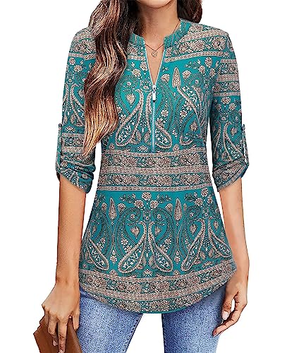 Amrto Bluse Damen Tunika T-Shirt Blumenmuster 3/4 Ärmel Longshirt V-Ausschnitt Schicke Festliche Blusen Tops Elegant Oberteile A-Linie Shirt Flowy Hemd Grün Paisley,Large von Amrto