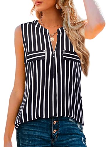 Amrto Bluse Damen Tunika V-Ausschnitt Oberteile Ärmellose Blusen Arbeit T-Shirt Reißverschluss Longbluse Damen A-Linie Tops Gestreifte Arbeit Hemd Business Longshirt Schwarz Gestreifte, M von Amrto