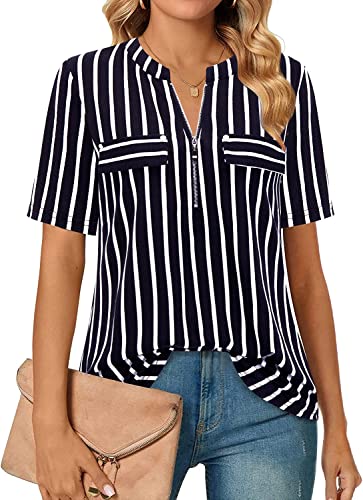 Amrto Bluse Damen Tunika V-Ausschnitt Oberteile Kurzarm Blusen Arbeit T-Shirt Reißverschluss Longbluse Damen A-Linie Tops Gestreifte Arbeit Hemd Business Longshirt Schwarz Gestreifte, M von Amrto