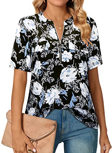 Amrto Blusen Damen Elegant Kurzarm Tunika Sommer Longshirt Damen V-Ausschnitt Lässig Baumwolle Sommershirts Damen Leicht und Luftig Bluse Frauen Tunika Shirt Damen Kurzarmoberteile, Blummen M von Amrto