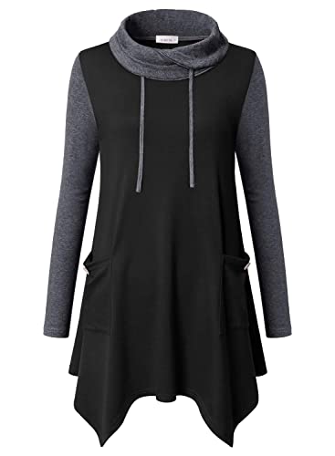Amrto Bluse Tunika für Damen Turtleneck Pullover mit Asymmetrischem Saum Langarm Shirts Lange Longpullover Elegant Sweatshirt Große Größe mit Taschen, Schwarz & Grau L von Amrto