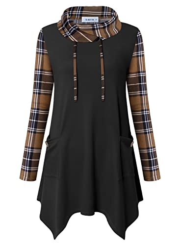 Amrto Blusen Tunika Damen Turtleneck Longpullover mit Asymmetrischem Saum Langarm Shirts Lange Oversize Patchwork Pullover Sweatshirts mit Taschen Große Größen, Schwarz & Khaki Kariert L von Amrto