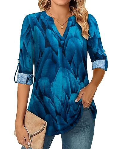 Amrto 3/4 Ärmel Bluse, Elegante V Ausschnitt Damen Longbluse Shirt Blätte Gemustert Lose Casual Stylisch Langarmshirt Oberteil, Geblümt Blau XL von Amrto