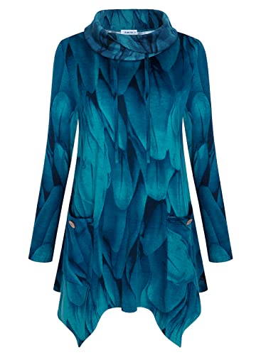 Amrto Damen Pullover Elegant Tunika Langarmshirts für Frauen Freizeit Langarm Shirts Bluse Turtleneck Asymmetrischer Saum Loose Fit Lange Sweatshirts mit Taschen, Pfauenblau L von Amrto