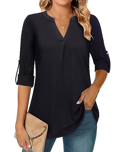 Amrto Damen Bluse Elegant Long Bluse Damen Sommer Elegant Bluse Tunika Schwarze Damen Blusenshirt Lässig Blusen Damen 3/4 Arm Longbluse Schwarz Elegant Blusen Damen, L von Amrto