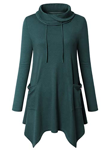 Amrto Tunika Damen Pullover Langarm Turtleneck Blusen & Tuniken für Damen Asymmetrische Saum Lange Hemd Pullover Tunika mit Taschen, Dunkelgrün M von Amrto