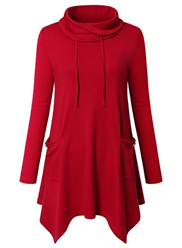 Amrto Damen Bluse Turtleneck Asymmetrische Saum Langarm Tops Lange Pullover Damen Hemd Pullover Tunika mit Taschen, Rot L von Amrto