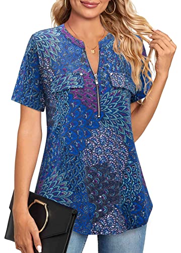 Amrto Damen Blusen V-Ausschnitt T-Shirt Kurzarm Tunika Casual Business Shirt Bluseshirt Longbluse mit Reißverschluss Sommer Tunika Tops,Blau Grün M von Amrto