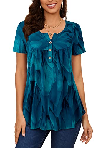 Amrto Damen Kurzarm Bluse Elegant Festlich Henley V-Ausschnitt Longbluse Locker Tunika Oberteile Tops A-Linie Fließende Lässig T-Shirt Sommer Mode Hemdbluse Pfauenblau, S von Amrto