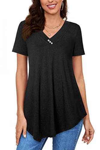 Amrto T-Shirt Damen V-Ausschnitt Tunika Tops Knöpfe Bluse Kurzarm Asymmetrisch Shirts Sommer Oberteile, Schwarz M von Amrto