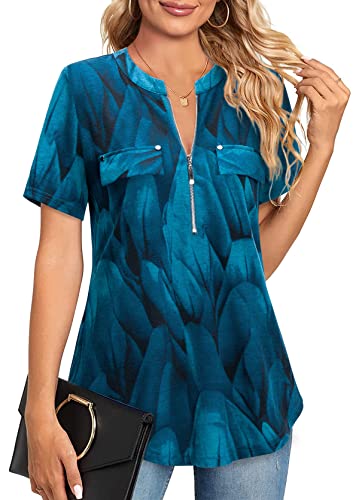 Amrto Damen Longbluse Kurzarm Sommer Tunika Tops Elegant Bluse Damen Oberteile Reißverschluss Longshirt A Form T-Shirt Arbeit Schicke Festliche Blusen Große Größen Business Shirt,Pfauenblau L von Amrto