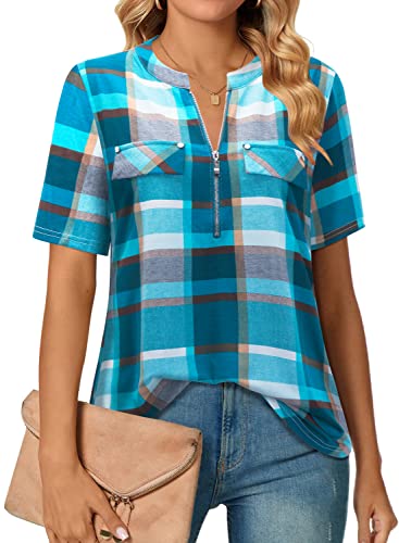 Amrto Damen Longbluse Kurzarm Tunika Tops V-Ausschnitt Blusen Oberteile Reißverschluss Longshirt A Form T-Shirt Arbeit Hemd Große Größen Business Shirt Hellblau Kariert L von Amrto