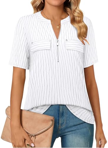 Amrto Damen Longbluse Kurzarm Tunika Tops V-Ausschnitt Blusen Damen Oberteile Reißverschluss Longshirt A Form T-Shirt Arbeit Hemd Große Größen Business Streifenshirt Lurex Weiß L Amrto Damen Longbluse Kurzarm Tunika Tops V-Ausschnitt Blusen Damen Oberteile Reißverschluss Longshirt A Form T-Shirt Arbeit Hemd Große Größen Business Streifenshirt Lurex Weiß L von Amrto