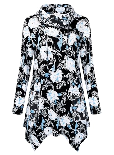 Amrto Pullover Damen Langarmshirt Bluse Elegant Langarm Rollkragen Longshirt mit Floral Muster Lange Lose Asymetrische Tunika Sweatshirt Große Größen mit Taschen, Blumen XL von Amrto