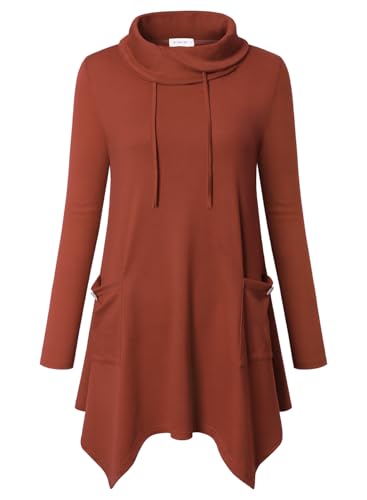 Amrto Tunika Damen Lässig Oversize Pullover Turtleneck Bluse Rollkragen Langarm Shirt mit Asymmetrischem Saum Herbst Winter Longpullover Lange Sweatshirt, Ziegelrot XL von Amrto