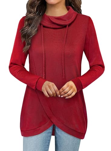 Amrto Damen Pullover Loose Schalkragen Langarm Longpullover Oversize Casual Pulli Sweatshirt Einfarbige Winter Turtleneck Longbluse Tunika mit Geschwungenem Saum, Rot XXL von Amrto