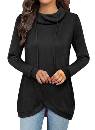 Amrto Damen Pullover Loose Schalkragen Langarm Longpullover Oversize Casual Pulli Sweatshirt Einfarbige Winter Turtleneck Longbluse Tunika mit Geschwungenem Saum, Schwarz XXL von Amrto