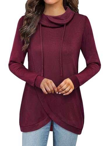 Amrto Damen Pullover Loose Schalkragen Langarm Longpullover Oversize Casual Pulli Sweatshirt Einfarbige Winter Turtleneck Longbluse Tunika mit Geschwungenem Saum, Weinrot XL von Amrto