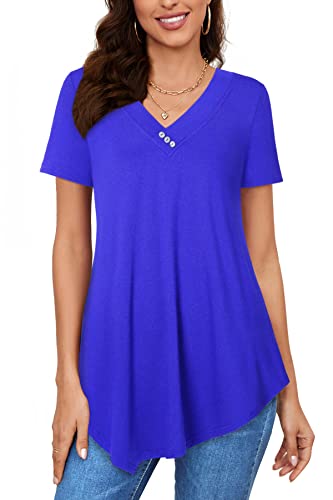 Amrto T-Shirt Damen V-Ausschnitt Tunika Tops Knöpfe Bluse Kurzarm Asymmetrisch Shirts Sommer Oberteile, Blau M von Amrto