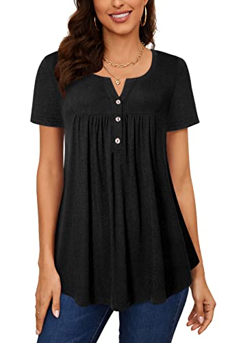 Amrto T-Shirt Damen V-Ausschnitt Tunika Tops Knöpfe Bluse Henley Kurzarm Shirts Sommer Oberteile, M, -schwarz von Amrto