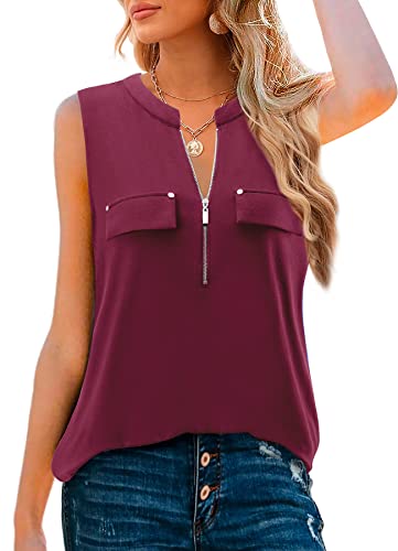 Amrto Damen Tops, Casual V-Ausschnitt Ärmellose Bluse Oberteil mit Reißverschluss, Loose Einfarbige Tunika Longbluse, Weinrot XXXL von Amrto