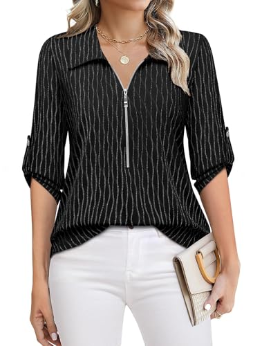 Amrto Damen V-Ausschnitt Bluse Damen Elegant 3/4 Ärmel Reißverschluss Tunika Casual Langshirt Hemd Streifenshirt Tops Schicke Festliche Blusen, Schwarz 2XLarge Amrto Damen V-Ausschnitt Bluse Damen Elegant 3/4 Ärmel Reißverschluss Tunika Casual Langshirt Hemd Streifenshirt Tops Schicke Festliche Blusen, Schwarz 2XLarge von Amrto