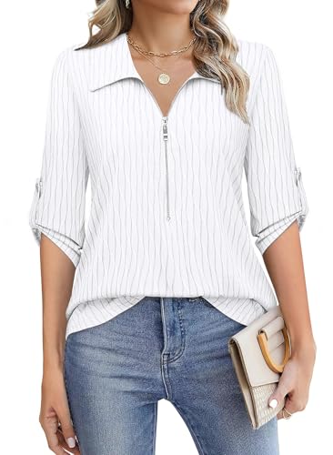 Amrto Damen V-Ausschnitt Bluse Casual Tunika mit Reißverschluss, Sommer Oberteile Longshirt Elegant Loose Gestreifte Longbluse, Weiß XL von Amrto