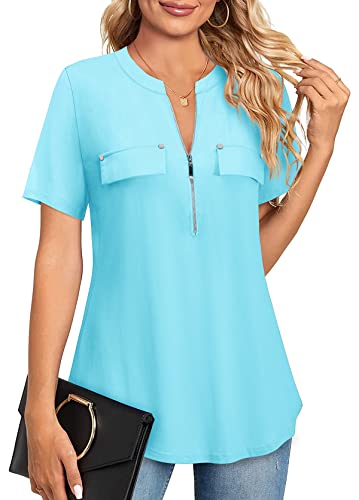 Amrto Damen V-Ausschnitt Shirt Kurzarm T-Shirt Casual Bluse Damen Elegant mit Reißverschluss Sommer Tunika Tops, Hellblau Medium von Amrto