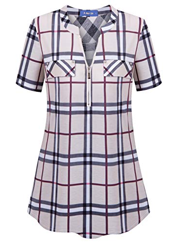 Amrto Damen V-Ausschnitt Shirt Kurzarm T-Shirt Casual Bluse mit Reißverschluss Tunika Tops, Klassisch Khaki Plaid Small von Amrto