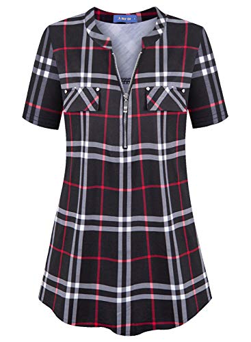 Amrto Damen V-Ausschnitt Shirt Kurzarm T-Shirt Casual Bluse mit Reißverschluss Tunika Tops, Schwarzes Plaid Medium von Amrto