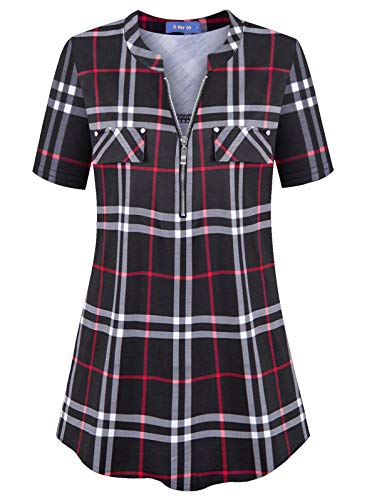 Amrto Damen V-Ausschnitt Shirt Kurzarm T-Shirt Casual Bluse mit Reißverschluss Tunika Tops, Schwarzes Plaid Small von Amrto