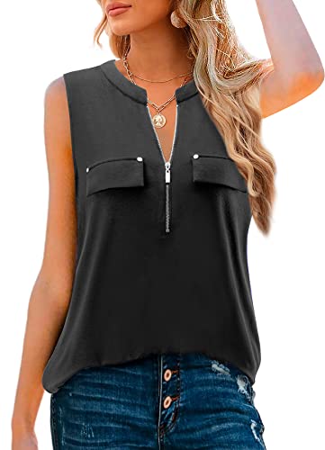 Amrto Damen Tops, Casual V-Ausschnitt Ärmellose Bluse Oberteil mit Reißverschluss, Loose Einfarbige Tunika Longbluse, Schwarz L von Amrto