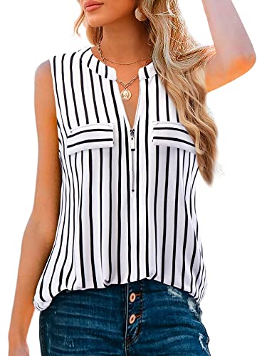 Amrto Damen Tops, Casual V-Ausschnitt Ärmellose Bluse Oberteil mit Reißverschluss, Loose Gestreift Tank Tops Longbluse mit Schwarze Streifen, Weiß XXXL von Amrto