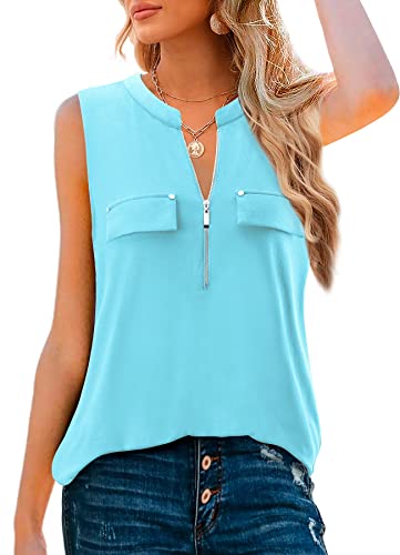 Amrto Damen V-Ausschnitt T Shirt Ärmellose Bluse Sommer Tank Top Reißverschluss Oberteile Lang Tunika A Linie Shirt Arbeits Hemd Lockere Mode Kleidung Business Shirts Hellblau, S von Amrto