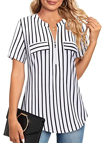 Amrto Damen V-Ausschnitt T-Shirt Kurzarm Shirt Casual Bluse Reißverschluss Tunika Oberteile Sommer Tops A-Linie Lockere Damenblusen Mode Office Hemd,Streifen Weiß XL von Amrto