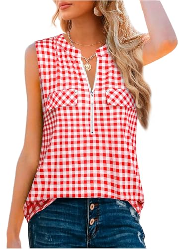 Amrto Damen Tops, Casual V-Ausschnitt Ärmellose Bluse Oberteil mit Reißverschluss, Loose Kariert Tank Tops Tunika Longbluse, Weiß Rot XXL von Amrto