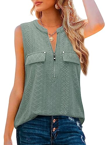 Amrto Damen Tops, Casual V-Ausschnitt Ärmellose Bluse Oberteil mit Reißverschluss, Loose Einfarbige Tank Tops Tunika Longbluse, Grün XL von Amrto