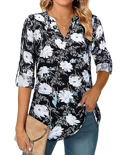 Amrto Bluse Damen Ausgefallene 3/4 Arm Longsleeve Tunika weiß Blumen Hemd, L von Amrto