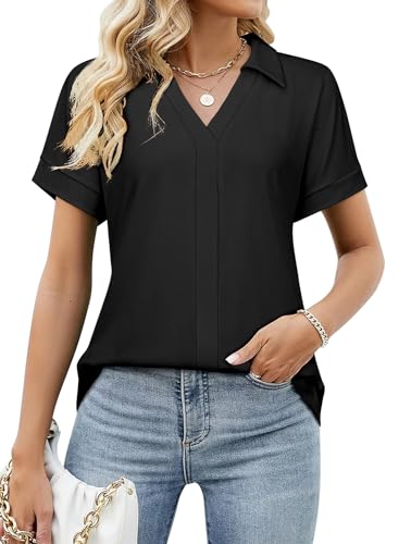 Amrto Kurzarmbluse Frauen Shirt Kleidung Elegant Tunika Sommermode Blusenshirt Hemdbluse mit Kragen Damen Schwarz Damenblusen, XL von Amrto