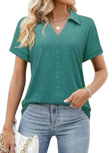 Amrto Kurzarm Bluse Damen, Casual V Ausschnitt Longbluse T Shirt Lose Solide Longshirt Oberteil für Büro Sommer, Grün XXL von Amrto