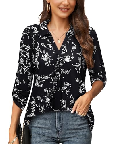 Amrto Lang Bluse Damen Blusen V-Ausschnitt Casual Blusenshirt Damen Elegant Blusentops Lässig Top Bluse Damen Lässig Longbluse Damen Oberteil 3/4 Arm Bluse Damen V Ausschnitt, L von Amrto