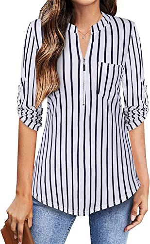 Amrto Longbluse Damen V-Ausschnitt Bluse Damen Elegant Bluseshirt 3/4 Ärmel Reißverschluss Tunika Casual Langshirt Hemd Gestreifte T-Shirt Tops, Weiß Streifen XX-Large von Amrto