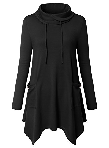 Amrto Pullover Damen Elegant Bluse Turtleneck Asymmetrische Saum Langarm Tops Lange Hemd Pullover Tunika mit Taschen, Schwarz XXXL von Amrto
