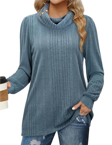 Amrto Tunika Damen Langarm Rollkragenpullover Elegant Pullover Winter Strickpullover Lässig Locker Langarmshirt Longpullover, Staubiges Blau, L von Amrto