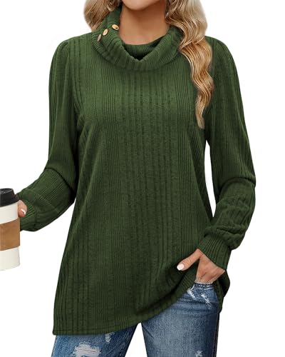 Amrto Tunika Damen Langarm Rollkragenpullover Elegant Pullover Winter Strickpullover Lässig Locker Langarmshirt Longpullover, Dunkel Grün, L von Amrto