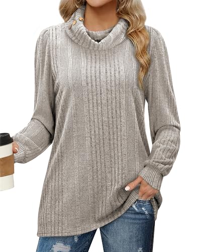 Amrto Damen Rollkragenpullover Tunika Elegant Pullover Winter Langarm Strickpullover Lässig Langarmshirt Locker Longpullover, Beige/Hellbraun, M von Amrto