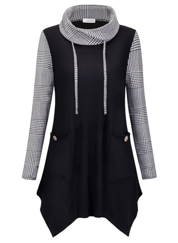 Amrto Pullover Damen Winter Bluse Tunika Turtleneck mit Asymmetrischem Saum Langarm Shirts Tops Lange Sweatshirts Longpullover mit Taschen Große Größen, Schwarz & Hahnentritt XXL von Amrto